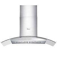 Midea MVG30W8AST 30 Inches Ducted Wall Mount Vent Range Hood with 450 CFM 3 Speed Exhaust Fan, Baffle Filters, Curved Glass, 2 LED Lights, Convertible to Ductless, Stainless Steel