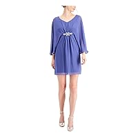 Connected Apparel Womens Purple Embellished Sheer Lined V Neck Mini Party Sheath Dress Petites 6P