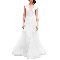 Ruolai Women’s Vintage Wedding Dress Cap Sleeves Lace Bridal Gown Beach Boho Wedding Gown