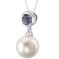 PEORA 10mm Freshwater Cultured Pearl and Created Alexandrite Pendant Necklace for Women 925 Sterling Silver, with 18 inch Chain