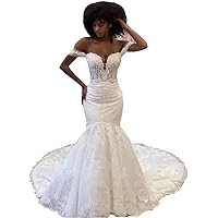 Women's Off Shoulder Lace Beach Mermaid Wedding Dresses for Bride 2022 Train Bridal Ball Gowns Plus Size