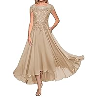 Chiffon Ruffled Mother of The Bride Dress Short Sleeve A Line Formal Evening Dress Lace Appliques Wedding Guest Dress Champagne