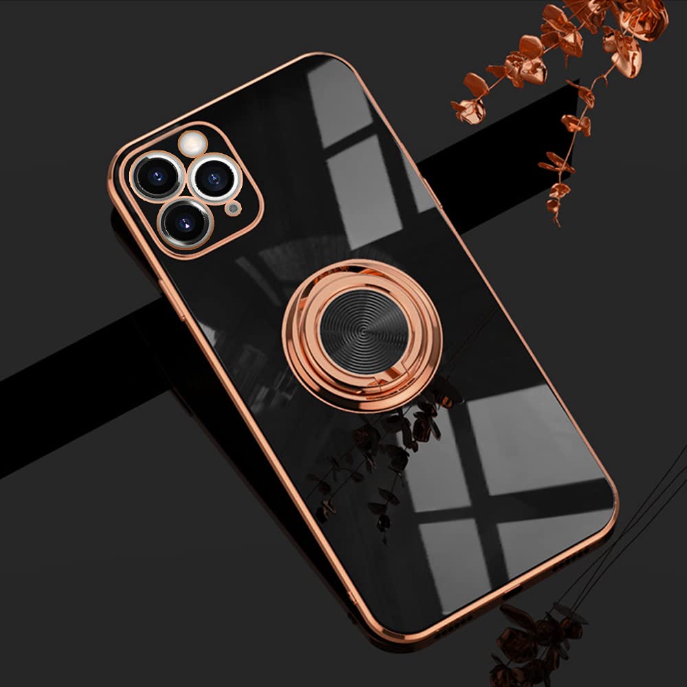 Omorro for Case iPhone 11 Pro Max Case for Women with Ring Holder, 360 Degree Rotation Kickstand Girly Cases Bling Glitter Plating Rose Gold Slim Soft Luxury Protective Cover Cases for Girls Black