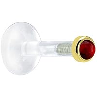 Body Candy Solid 14k Yellow Gold 2mm Genuine Ruby Bioplast Push in Labret 14 Gauge 5/16