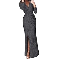 Women's Sexy Sequin Long Sleeve V Neck Long Nightclub Style Slim Sling Dress with Slit Floral Dress