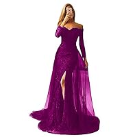 VeraQueen Women's African Mermaid Prom Dresses with Detachable Train V Neck Long Sleeves Lace Appliques Evening Gowns
