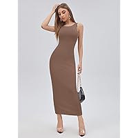 Dresses for Women Solid Form Fitted Dress (Color : Mocha Brown, Size : Large)