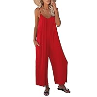 Women Casual Jumpsuits Summer Sleeveless Loose Jumpsuit Shoulder Strap Adjustable Long Pants Rompers with Pockets