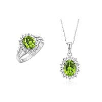 Rylos Women's Sterling Silver Princess Diana Ring & Pendant Set. Gemstone & Diamonds, 9X7MM Birthstone. Matching Friendship Jewelry, Sizes 5-10.