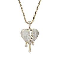 Iced Out Bling Broke Heart Drip Pendant Necklace18K Gold Plated Cubic-zirconia Charm Gift Hip Hop Jewelry for Men Women with 24 Inch Stainless Steel Rope Chain