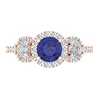 1.8 ct Round Cut Halo Solitaire 3 stone With Accent Stunning Simulated Blue Tanzanite Modern Promise Statement Ring 14k Rose Gold