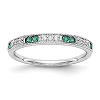 14k White Gold 1/20 Carat Diamond and Emerald Wedding Band Size 7.00 Jewelry for Women
