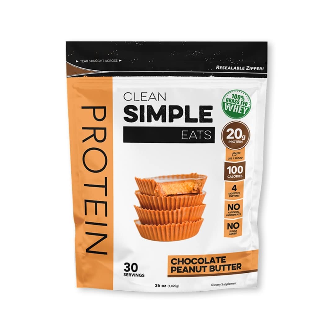 Clean Simple Eats Chocolate Peanut Butter Whey Protein Powder, Natural Sweetened and Cold-Pressed Whey Protein Powder, 20 Grams of Protein, 30 Servings