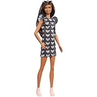 Barbie Fashionistas Doll #140 with Long Brunette Hair Wearing Mouse-Print Dress, Pink Booties & Sunglasses, Toy for Kids 3 to 8 Years Old