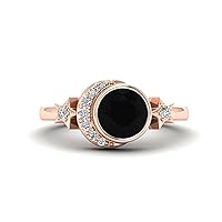 1.00 CT Round Cut Black Onyx Ring Crescent Moon Ring Double Star Ring 14K Rose Gold Promise Ring for Her Lunar Phase Ring Wedding