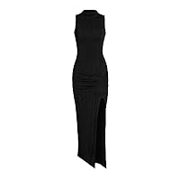 Women Sexy Semi Sheer Sleeveless Mock Turtleneck Jersey Ruched Thigh Slit Bodycon Maxi Dress for Party Club Night