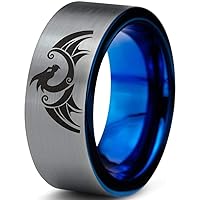 Dragon Dragons Fire Breather Folklore Ring - Tungsten Band 8mm - Men - Women - 18k Rose Gold Step Bevel Edge - Yellow - Grey - Blue - Black - Brushed - Polished - Wedding - Gift Dome Flat