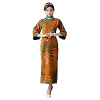 Silk Fragrant Cloud Yarn Modified Cheongsam Red-Crowned Crane Printed Connect Shoulder Sleeve Dress 111