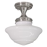 Design House 577494 Schoolhouse Semi Flush Mount Modern Vintage Farmhouse Indoor Dimmable Ceiling Light with White Glass for Entryway Hallway Kitchen Dining Bar Area, Satin Nickel