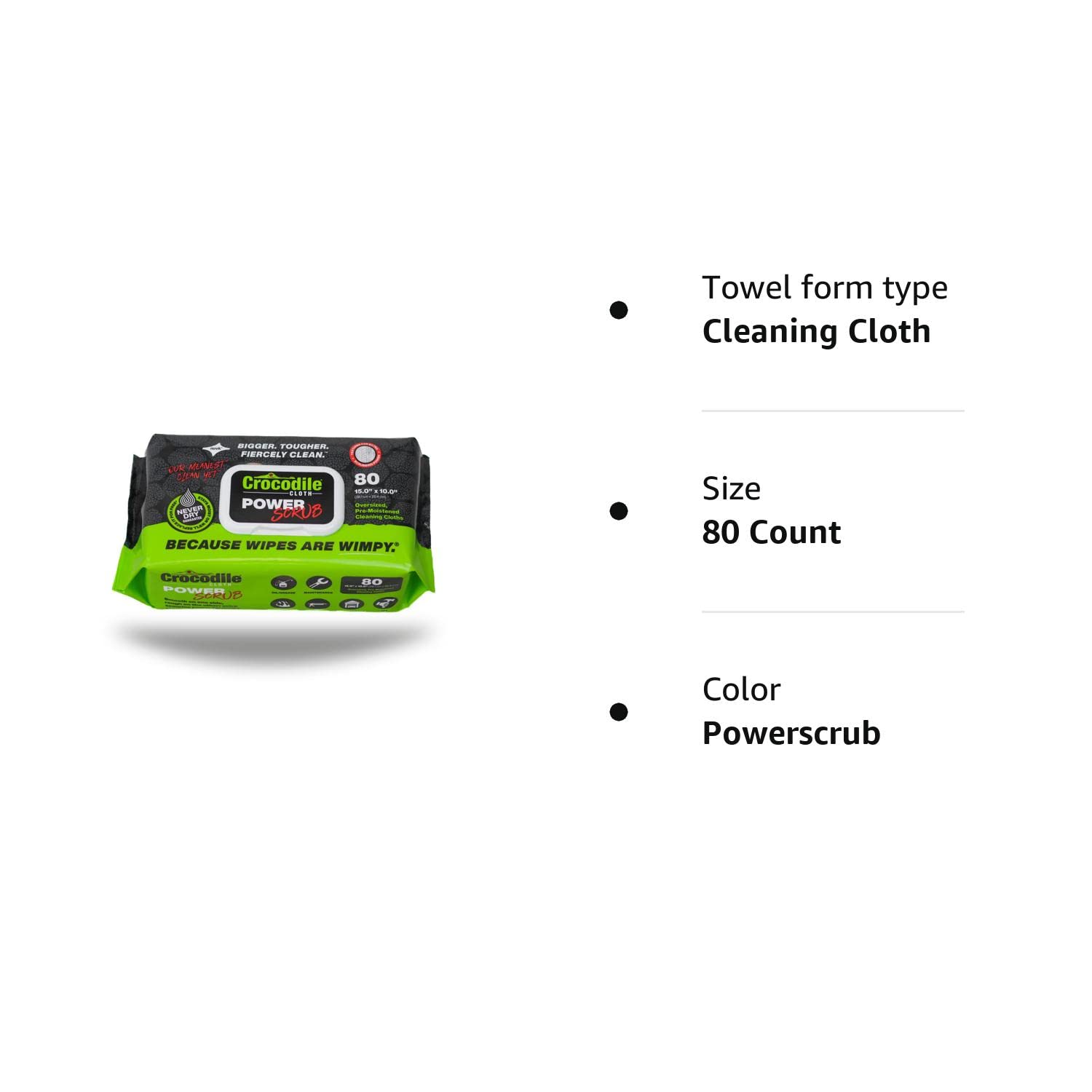 PowerScrub by Crocodile Cloth - 80 Textured Cloths, 10in X 15in. Large, Moist, Absorbent & Disposable Cleaning Cloths. Safe on Skin and Multiple Surfaces - Tools, Wood, Plastic, Metals