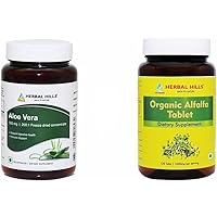 HERBAL HILLS Aloe Vera Capsules Freeze Dried Powder 500 mg and Alfalfa Tablets Natural Green Superfoods Each 120 Count Combo (Pack of 2) 240 Count
