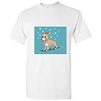 Christmas Bulldog Skiing Santa Hat Cartoon Art White Men T Shirt Tee Top S - 5XL
