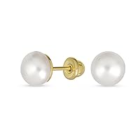 Traditional Tiny Minimalist CZ Accent Real 10-14K Gold White Freshwater Cultured Pearl Stud Earrings For Women Teen Secure Screw Back June Birthstone