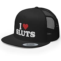 I Love Sluts Trucker Hat Flat Bill High Crown Adjustable Funny Adult Humor Cap
