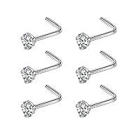 FANSING 6pcs 20g 3mm Nose Rings for Women Diamond Studs CZ Stud Silver L Shaped Nostril Piercing Jewelry 20 Gauge 3 mm