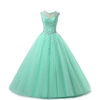 MllesReve Tulle Princess Quinceanera Dresses Lace Applique Beaded Keyhole Back Cap Sleeve Ball Gown Prom Dress