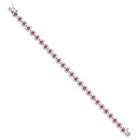 925 Sterling Silver Womens CZ Cubic Zirconia Simulated Diamond Red Stone Flower Bracelet Jewelry for Women