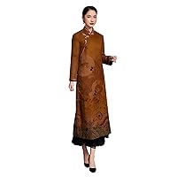 Women's Autumn Winter Silk Fragrant Cloud Yarn Chinese Printed Improved Qipao Overcoat Dress 2525