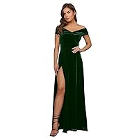 Basgute Velvet Long Bridesmaid Dresses for Wedding Off Shoulder Slit A Line Maxi Formal Evening Party Gown for Women