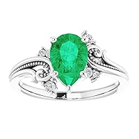 1 CT Vintage Floral Pear Shape 925 Silver/10K/14K/18K Solid Gold Filigree Tear Drop Green Emerald Engagement Ring Nature Inspired Wedding Ring May Birthstone Bridal Ring Proposal Promise Ring