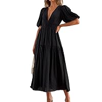 Puff Sleeve V Neck A Line Tiered Maxi Dress for Women Boho Casual Flowy High Waist Beach Vacation Midi Dresses