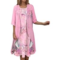 Womens Elegant Floral Print Chiffon 2 Piece Set Midi Dress with Cardigan Summer Wedding Guest Dresses for Women 2024