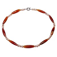 Agate Necklace 9.5×40mm Multicolor Tube Agate Alternated 8mm Pink Pearl Single-Strand Necklace 23.5