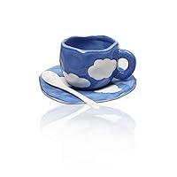 Porcelain Cappuccino Cups with Saucers, Hand Painted Checkerboard Coffee Cup With Saucer, Ceramic Coffee Mug, for Office and Home, Dishwasher and Microwave Safe Latte Tea Milk-9.5oz (Dark blue)