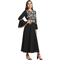 Women Clothing Heavy Industry Ethnic Embroidery Horn Long Sleeve Black Casual Dress Long Skirt