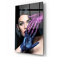 Pretty Woman With Red Lips And Green Eyes With Pink And Blue Hands Tempered Glass Wall Art Perfect Modern Decor Fabulous New Year Gift Glass UV Printing Durable Product (70x110 cm (27x43 inches))