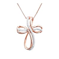 Diamond Cross Necklace 1/10 cttw 14k Plated Rose Gold on Sterling Silver - 18 Inch Chain