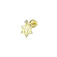 Tiny Petite Judaic Jewelry CZ Accent Real 14K Yellow Gold Hamsa Hebrew Chai Life Star Of David Judaic Cartilage Ear Lobe Piercing Stud Earring For Women Teen For Bat Mitzvah Secure Screw Back