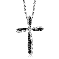 Jewelili Sterling Silver Cross Pendant Necklace with Treated Black and Natural White Round Diamonds, 1/3 cttw, 18