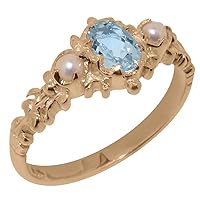 LBG 18k Rose Gold Natural Aquamarine & Cultured Pearl Womens Trilogy Ring - Sizes 4 to 12 Available
