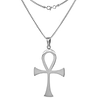 Large 2.5 inch Sterling Silver Egyptian Ankh Necklace High Polished Handmade tall 2mm Round Box