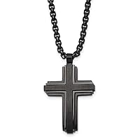 27mm Chisel Stainless Steel Brushed and Polished Black Ip Plated Religious Faith Cross Pendant a Box Chain Necklace 24 Inch Jewelry for Women