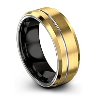 Tungsten Wedding Band Ring 8mm for Men Women Bevel Edge 18K Yellow Gold Grey Black Offset Line Brushed Polished