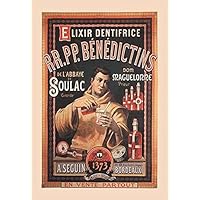 A dental advertising poster presenting a toothpaste from the RR PP Bndictins de Soulac is (the Venerable Benedictine Fathers in Soulac) The monk is shown mixing elixirs as a base for this toothpaste