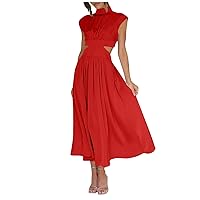 Summer Dresses for Women 2024 Trendy Waist Cut Out A Line Dress Turtleneck Ankle Length Swing Party Club Dresses