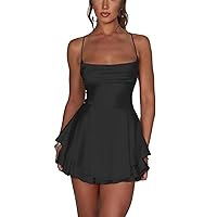 Women Spaghetti Strap Satin Dress Sleeveless Low Cut Backless Short Romper Dress Party Mini Dress